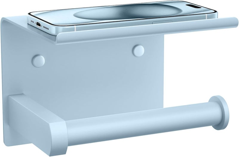 Tindbea Toilet Paper Holder with Phone Shelf, Adhesive or Screw Wall Mount Toilet Tissue Roll Holder, Rustproof & Multifunctional Stainless Steel Bathroom Storage Dispenser (Sky Blue) - Image 1